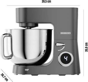 Кухонна машина Heinrichs 2500W з двома гаками для тіста, міксером та насадкою для збивання, 8 швидкостей, чаша 8л з нержавіючої сталі, тиха, з титановим покриттям