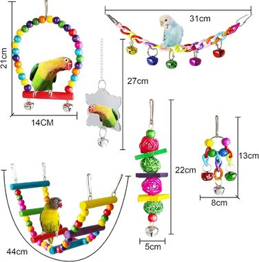 Іграшка для птахів, папуга та хвилястий папужка, іграшка для жування, дзвіночок, дерев'яна драбина, гойдалка для птахів (60 символів), 7 шт.