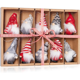 Набір з 10 предметів Різдвяний гном - дерево/трикотаж - ялинкова прикраса - 9 см - подарункова коробка