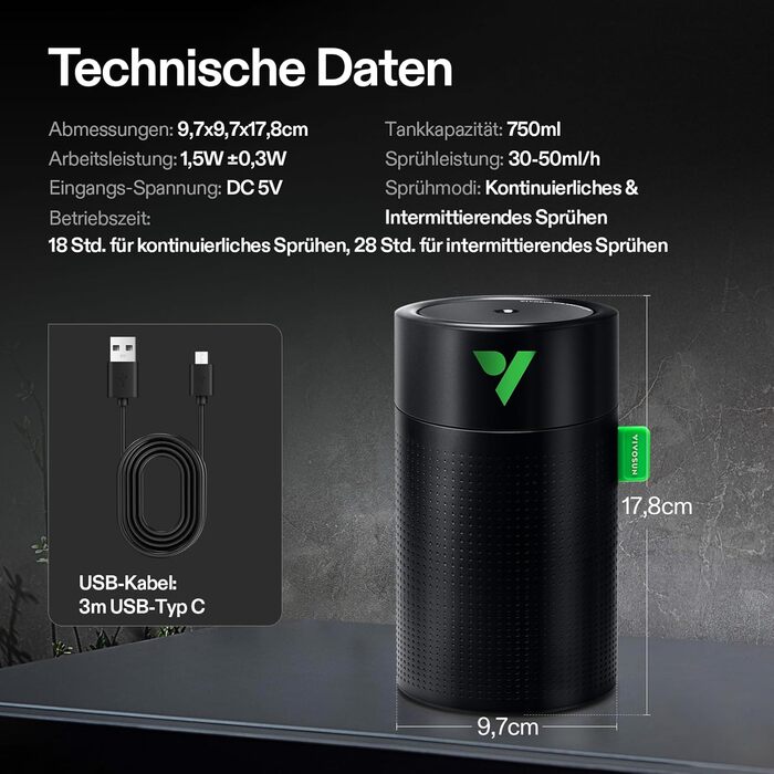 Зволожувач повітря VIVOSUN AeroStream U075 USB, 750 мл, холодний пар, 2 режими, автовимкнення, пульт, для гроубоксів