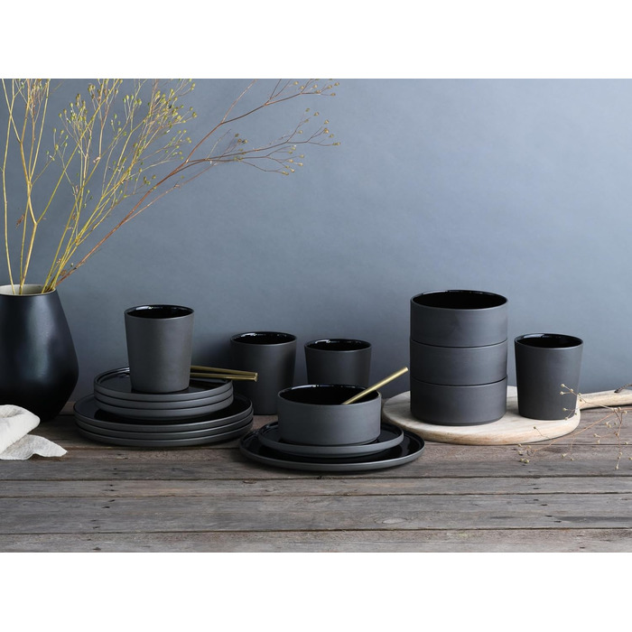 Набір посуду з 16 предметів Комбінований набір порцелянового керамограніту чорний 16 комплектів комбінований набір, 21539, серія Futuro Black