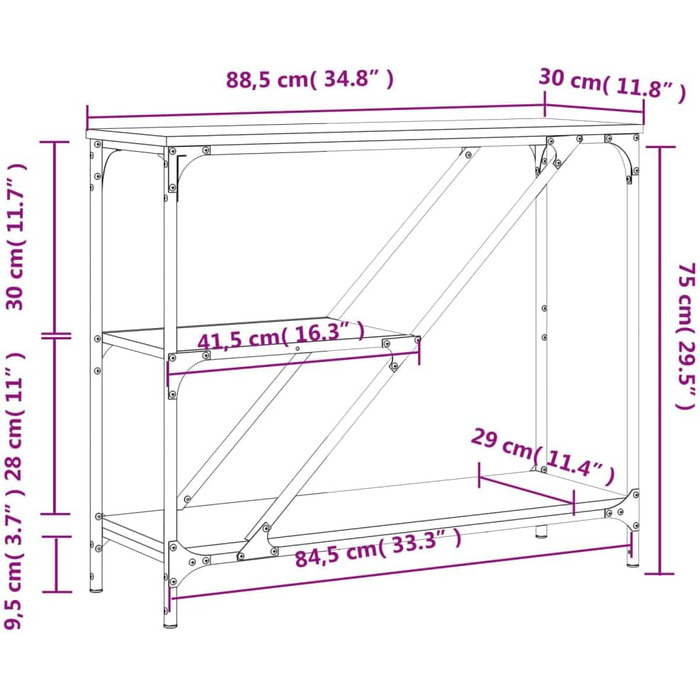 Консольний стіл 88,5x30x75 см, дерево/сталь, чорний, з полицями, вузьким передпокоєм та тумбою
