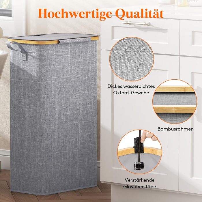 Кошик для білизни Lifewit з кришкою, вузький, складний, 75л, бамбук, сірий