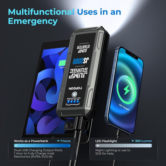 TOPDON JS3000 Powerbank для запуску двигуна: стартер, бустер для авто, 24000mAh (2500A), LED, для бензинових та дизельних двигунів до 9L/7L