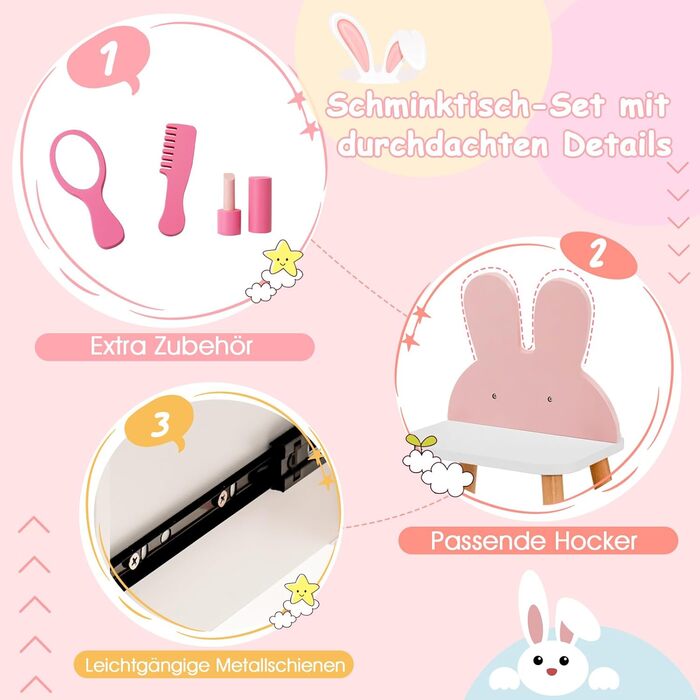 Дитячий туалетний столик COSTWAY з дизайном зайчика, 2-в-1 з дзеркалом, 2 шухляди та полиця, комплект для макіяжу з масивними дерев'яними ніжками для дівчаток (Рожевий)