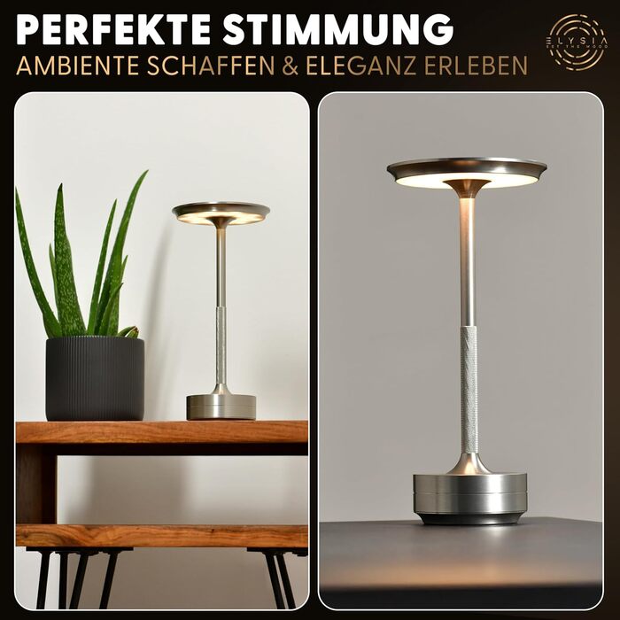 LED-лампа ELYSIA на акумуляторі: диммування, бездротове підключення, сенсорне керування, IP54, 2200-2700K, USB-C, для дому та саду, алюміній, срібло