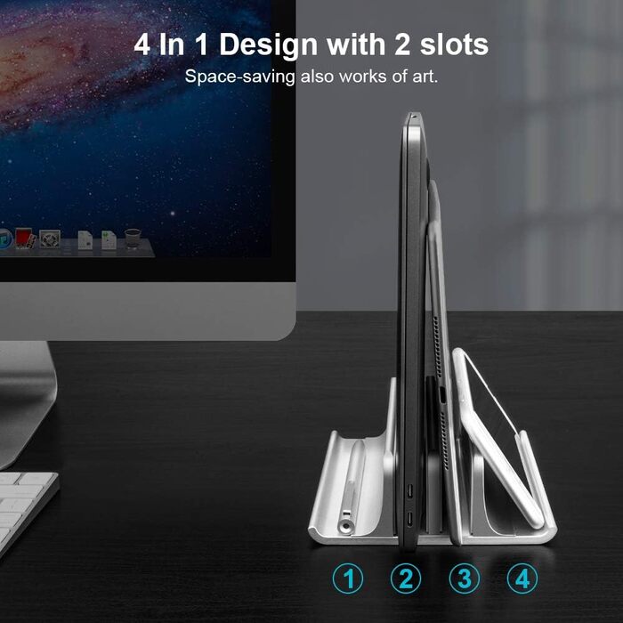 Підставка для ноутбука VAYDEER вертикальна, регульована, алюмінієва 4-в-1, для MacBook, iPad, ноутбуків до 17.3 дюймів - срібна