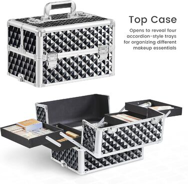 Ягетеч Косметичка-Тролі 4-в-1, Великий Косметичний Ящик для Макіяжу, Закривається на Замок, Багатофункціональний Ящик для Візажистів, Красота з Коліщатками та Висувною Шухлядою (Блискучий Чорний)