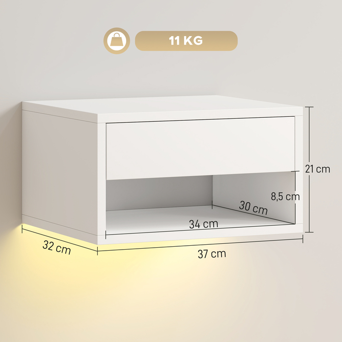 Набір з двох приліжних тумбочок з RGB-підсвіткою, приліжкові тумбочки з плавною конструкцією з висувним ящиком та відкритою полицею, білий