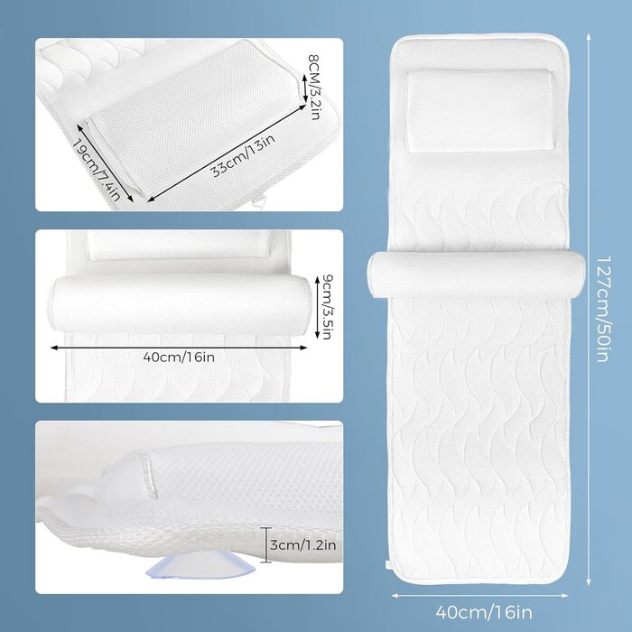 Килимок для ванни з подушкою для тіла 123x40 см, для зросту 160-180 см, швидковисихаючий, для підтримки голови, шиї та спини