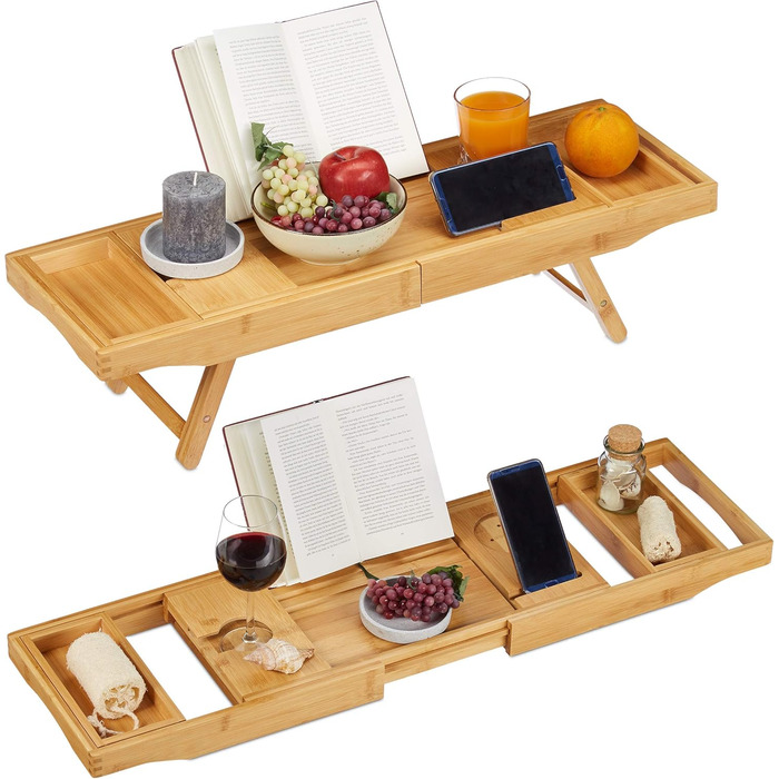 Підставка для ванни Relaxdays 2-в-1 з підсвічуванням, бамбук, регульована, 74,5-114 см, 18x114x25 см