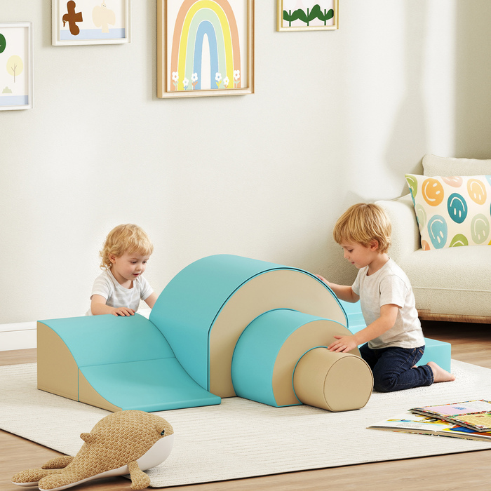 Набір з 5 м'яких ігрових модулів для малюків та дітей раннього віку. Виготовлені з піни та штучної шкіри, включають 5 креативних форм. Ідеальний для активних ігор у приміщенні: лазіння, повзання та розвиток. Колір: зелений.