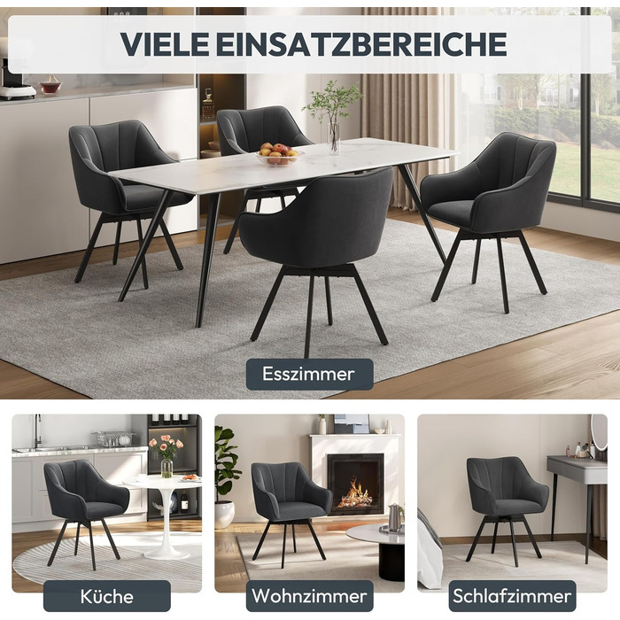 Крісло Yaheetech для кухні/їдальні/вітальні, обертається на 360°, з підлокітниками та металевими ніжками, темно-сірий (2 шт.)