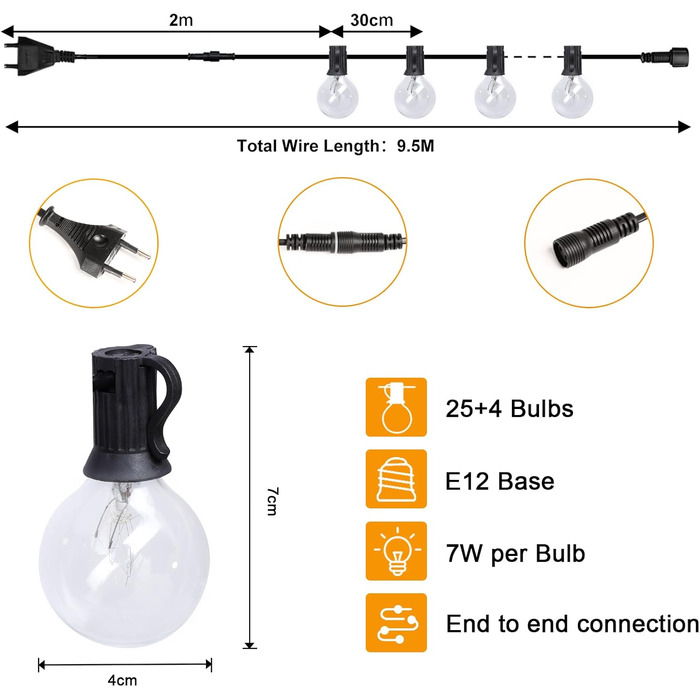 Струнні ліхтарі Qxmcov 9.5M Weatherproof G40 з 29 лампочками для вулиці/приміщення сад, балкон, тераса