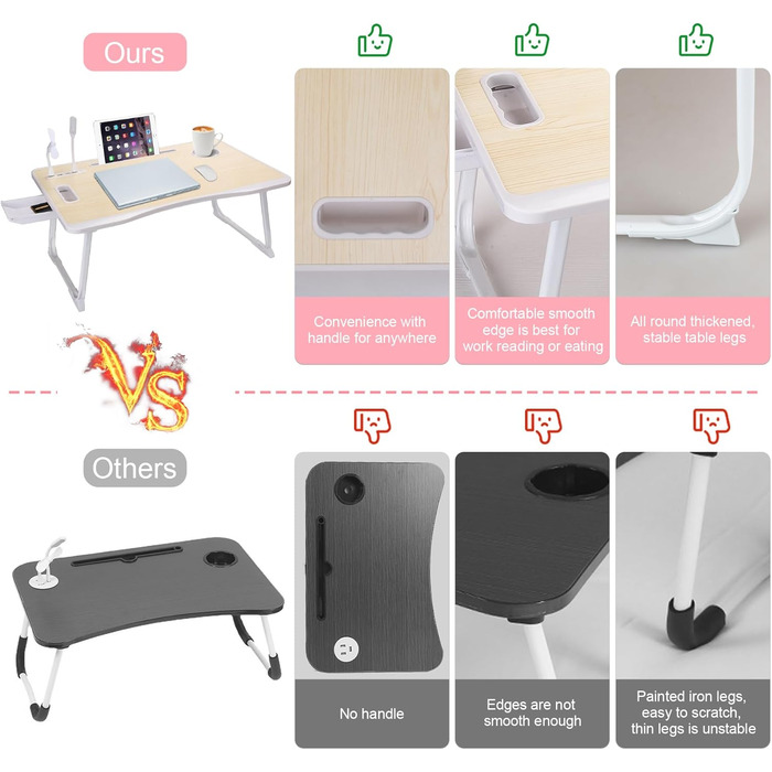 Складаний столик для ноутбука з USB-портом, ручкою, відділенням для карток, тримачем для напоїв та ящиком. Білий клен.