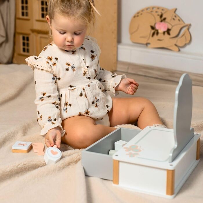 Детський туалетний столик Mamabrum XXL з дерева з пуфом та LED-дзеркалом – для дівчаток від 3 років, з ящиком та аксесуарами для краси, ігровий набір та письмовий стіл (MAM74 MY DRESSER)