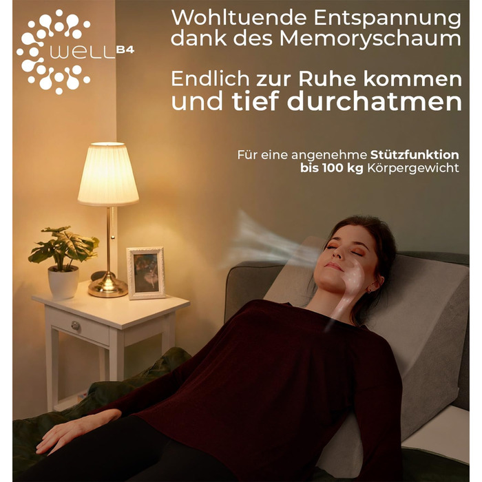 Ергономічна подушка для читання та підтримки спини WELL B4 з ефектом пам'яті (Memory Foam) для ліжка та дивана, сіра, широка