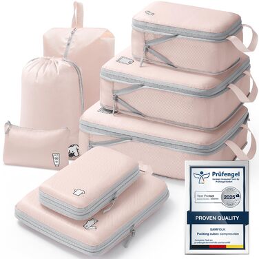 Набір компресійних органайзерів для валізи та рюкзака, водонепроникні пакувальні куби для подорожей, 8 предметів (Рожевий)