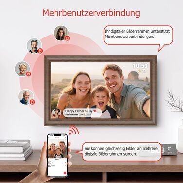 Цифровий фоторамка Frameo 10.1 дюйма з Wi-Fi, сенсорний IPS екран HD 1280*800, 32GB пам'яті, автоповорот, підтримка Frameo App для зручного обміну фото та відео, корпус з дерева (15.6 дюймів)