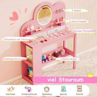 Дитячий туалетний столик COSTWAY у формі ведмедика з підсвічуванням, дзеркалом та шафкою. 5 ящиків та полиці, дерев'яний туалетний столик для дівчаток від 3 років. Рожевий колір, у формі хмари.