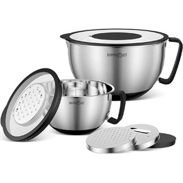 Набір місок для перемішування HAPPY KIT 18/8 з кришкою, 2 шт. (3QT, чорний). З нержавіючої сталі, з виливом, антиковзким дном та насадками для тертя.