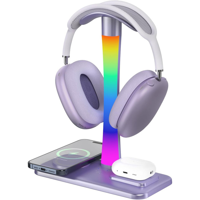 Підставка для навушників з бездротовим зарядним пристроєм, RGB-підсвічуванням, сумісна з Airpod Max, Airpod Pro/3/2, iPhone 16/15/14/13/12/11, Samsung, подарунок для геймерів (фіолетовий)