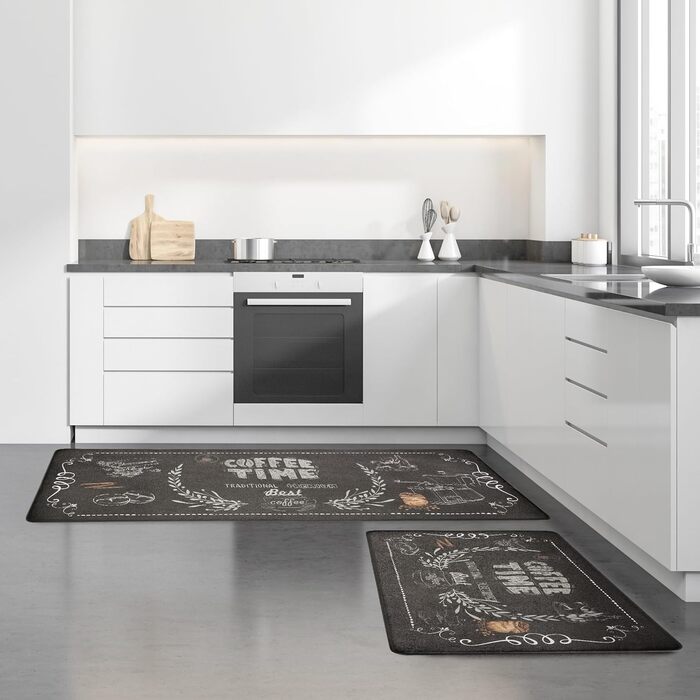 Кухонний килим Navaris 2 шт. миється нековзний м'який - набір килимових доріжок для кухні - товстий килимок проти втоми - дизайнерська кухонна доріжка з ПВХ - квіти сині (кава-тайм)