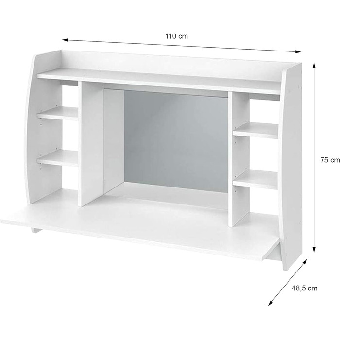 Туалетний столик настінний ML-Design білий, 110x75x48.5 см, з дзеркалом, 6 відділень, табурет з регулюванням висоти, МДФ Дерево