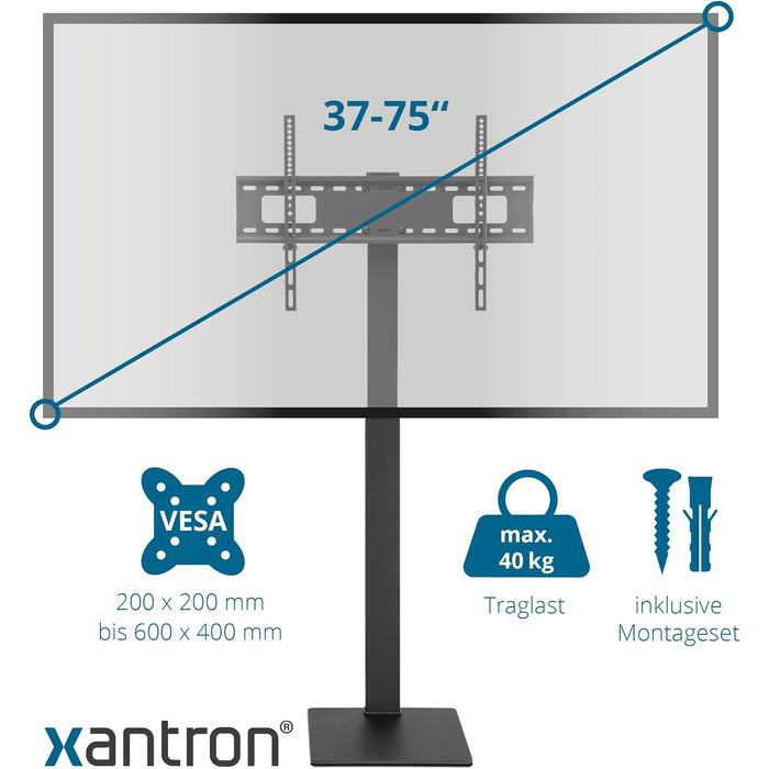 Підставка під телевізор Xantron регулюється по висоті для телевізорів до 75 дюймів, з полицею, не перекочується