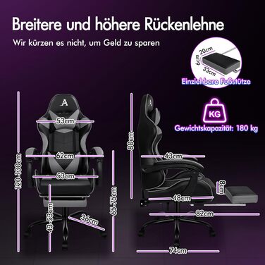 Ігровий крісло ALFORDSON з підніжкою, масажем та регулюванням на 150°, чорний (серія Eryx)