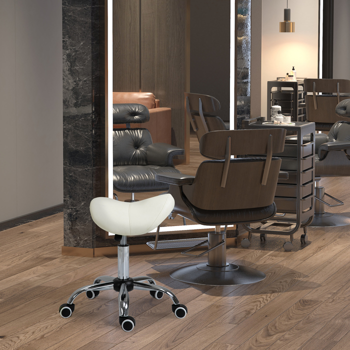 HOMCOM Rolling Stool Поворотний табурет з регульованим по висоті сідлом з оббивкою білого кольору для офісу та дому