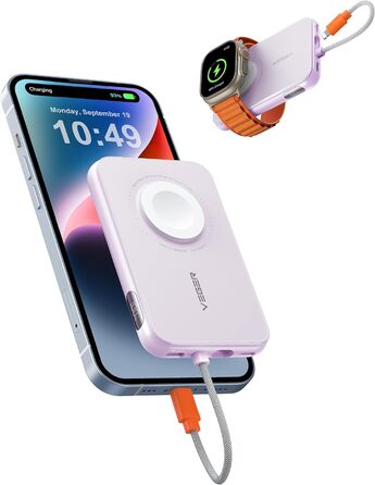 Вт PD, 5000 мАг, зарядка від кабелю Apple і годинника, USB-C, LED-дисплей, фіолетовий, 20