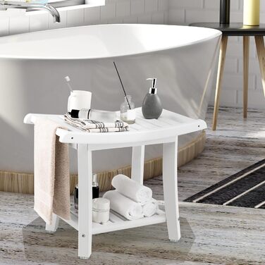 Двомісний стілець для душу HOMASIS з полицею, до 170 кг, HDPE, з ручками та антиковзними накладками, для літніх людей та дорослих (білий)