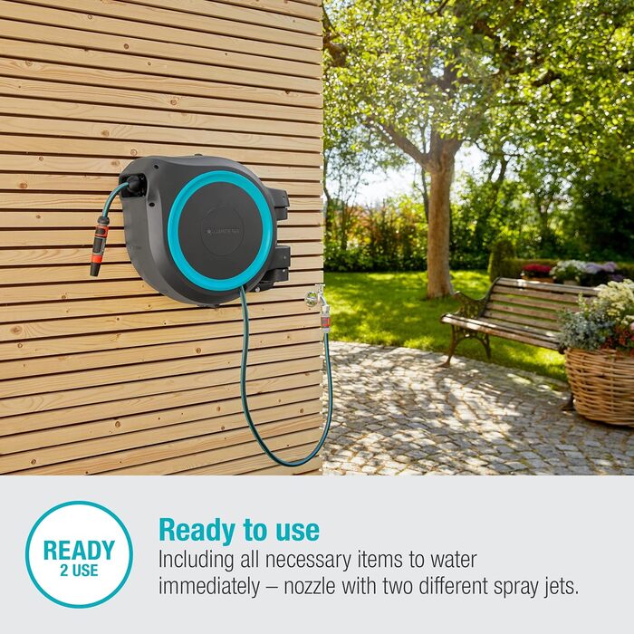 Шланг садовий Gardena RollUp L (бірюзовий) 30 м: гнучкий полив для великих садів, поворотна коробка для шланга, з шлангом Gardena 30 м та монтажними аксесуарами (18625-20)