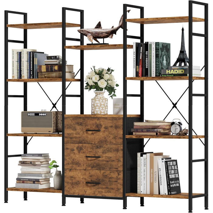 Стильна полиця-стеллаж з 4 висувними ящиками з тканини, 100W x 142Hcm, для книг, кухні, вітальні, офісу, балкону, в індустріальному стилі (4 яруси, 120cm, рустикальне дерево)