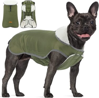 Водонепроникна зимова флісова тепла куртка Пальто для собак, куртка для собак французький бульдог зима, дощовик для собак із захистом живота, светр для собак середнього розміру, Армігрін L L (окружність грудей 58-73 см, спинка 44 см) армійський зелений