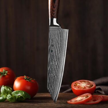 Японський ніж Wakoli EDIB Kiritsuke з дамаської сталі (серцевина VG10), 20 см – професійний ніж для кухні та приготування їжі, з ручкою з паккавуда, у подарунковій коробці з гравіюванням