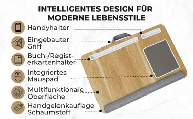 Підставка для ноутбука в ліжко та диван з подушкою, тримач для телефону та підставка для зап'ястя – підходить для ноутбуків до 17' – легка та комфортна для офісу, навчання та відпочинку (Сіра)