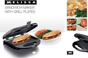 Бутербродниця MELISSA 16240109, тостер для гриля, бутербродниця, тостер Panini 750 Вт бутербродниця з антипригарними пластинами для випічки, (чорна)