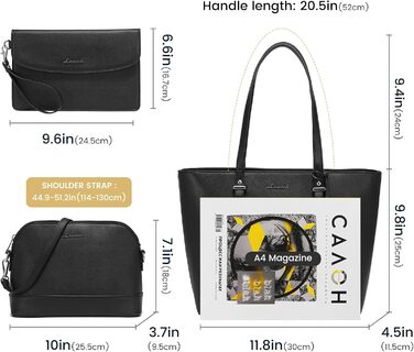 LOVEVOOK Набір сумок для жінок: 3 шт. (шопер, сумка на плече, сумка з ручкою) для подорожей, бізнесу, покупок. Чорний колір, срібна фурнітура