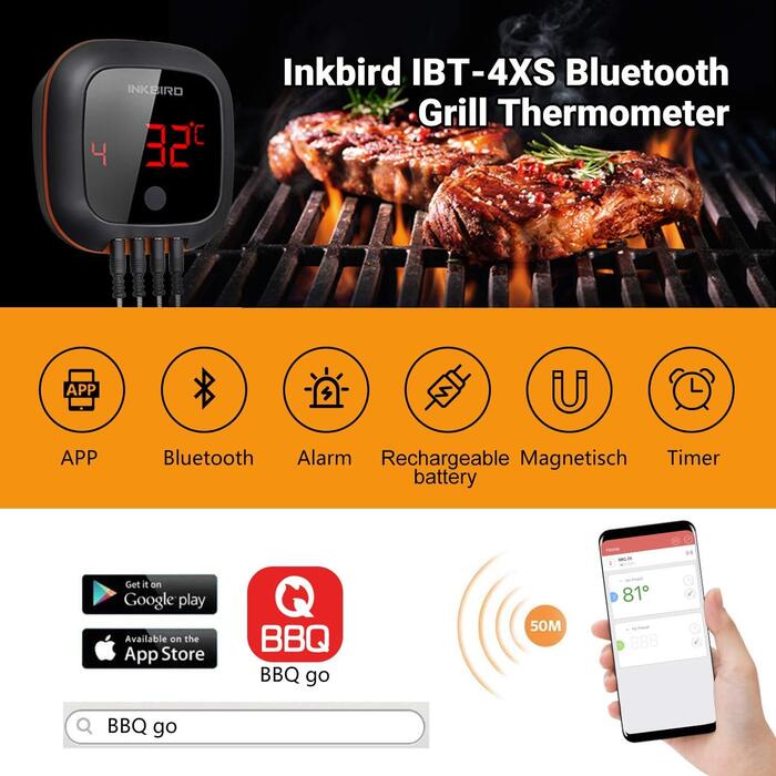Термометр для гриля Inkbird IBT-4XS Bluetooth з 4 зондами: для BBQ, кухні, гриля, духовки, коптильні
