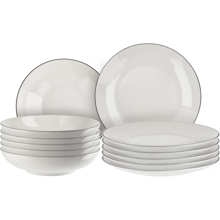Набір посуду на 6 осіб, 18 предметів, білий з чорним обідком (Tafelservice). Включає: 6 тарілок для десерту, 6 кавових чашок, 6 підставок під кавові чашки.