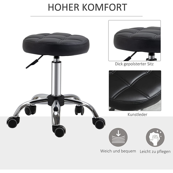 Обертовий стілець-каталка HOMCOM 2 серії з колесами, робочий стілець з регульованою висотою, обертовий стілець для салону, крісла для салону зі штучної шкіри Ø35, 5 x 48-63h см (чорний)