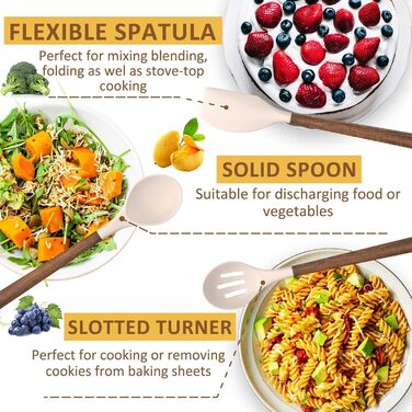 Набір кухонних аксесуарів Kochutensilien, 8 предметів з дерев'яними ручками, силіконовий набір, антипригарне покриття, термостійкий, легке очищення (Хакі)