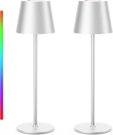 Бездротова LED-лампа настільна з регулюванням яскравості, акумуляторна, тепле світло 3000K+RGB, водонепроникна, для дому та вулиці, IP54 (Чорний 2 шт.) (Сріблястий 2 шт.)