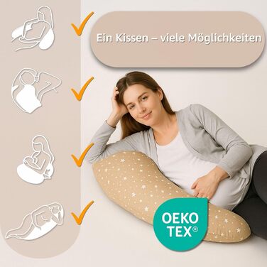 Подушка для вагітних Totsy Baby Stillkissen XXL 190 см - подушка для годування, боку, тіла, з бавовни, Oeko-Tex, бежево-біла зі зірками