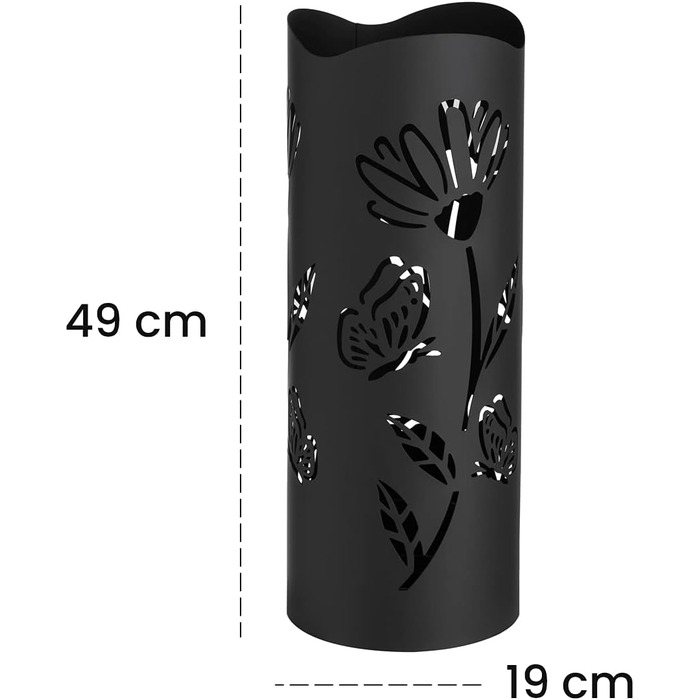 Підставка для парасольки Baroni Home металева, Квіти та Метелики, 2 гачки, знімний контейнер, 19x19x49 см, Чорний