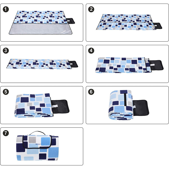 Флісова водонепроникна ковдра для пікніка SONGMICS GCM61C, (квадрати синього, коричневого і білого кольорів, 200 x 200 см, одномісні)