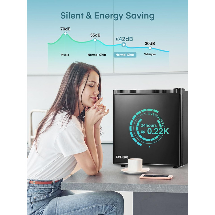 Міні-холодильник FOHERE 46L з відділенням для льоду | Компактний холодильник | Регулювання температури, енергозбереження, тиха робота | Холодильник для напоїв ідеально підходить для офісу, кемпінгу та геймінгу | Змінний бік відкривання дверцят | Чорний