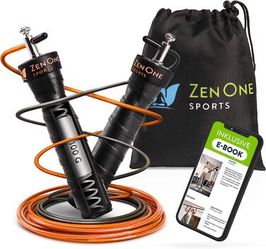 Скакалка ZenRope, швидкісна скакалка з шарикопідшипником, професійна скакалка для дорослих, регульована по довжині, з урахуванням ваги і ваги. Додатковий сталевий трос, електронна книга, керівництво по посадці і сумка, довжина мотузки 3 м (Помаранчевий)